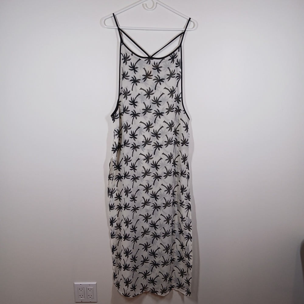 Miken Swim Cover Up Dress Women Large White Palm Print Strap Maxi Beach Resort